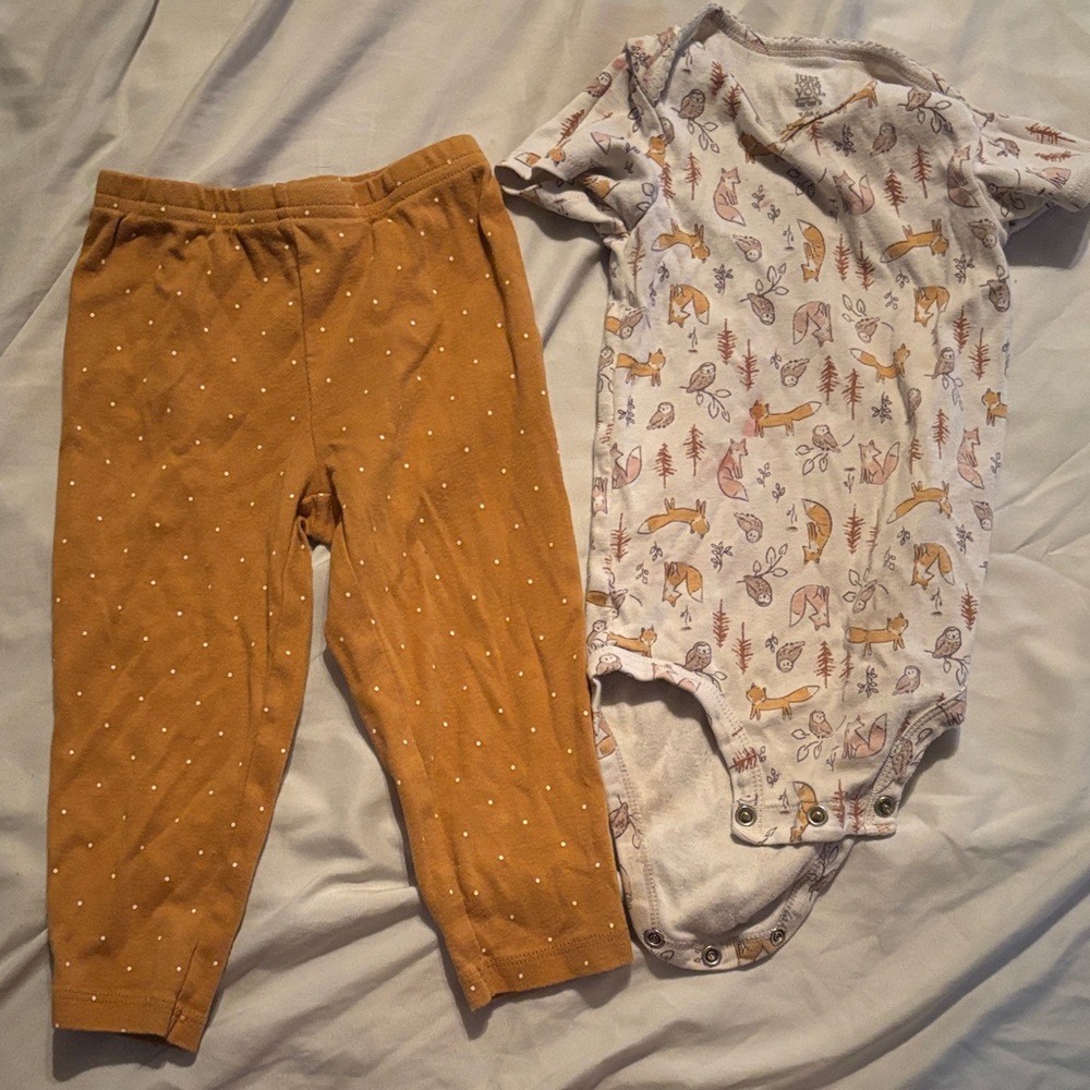 Charming Fox Print Bodysuit and Mustard Pants Set